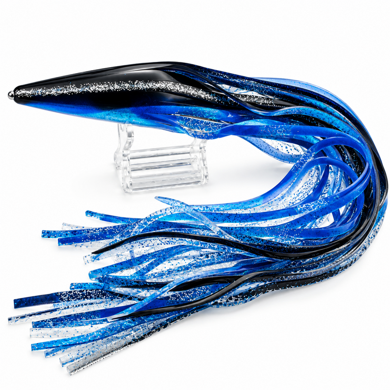 Load image into Gallery viewer, Blue Ocean TL5B black and blue replacement lure skirt with silver glitter and dark blue horizontal stripes
