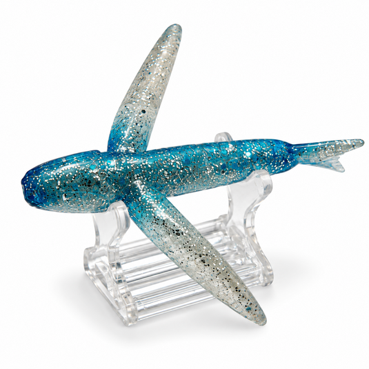 Blue and pearl holographic flying fish trolling lure side view