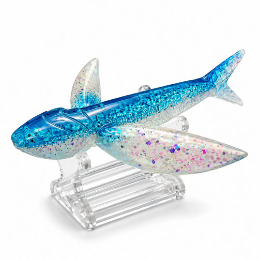 Blue and pearl holographic flying fish trolling lure top large glitter angled view