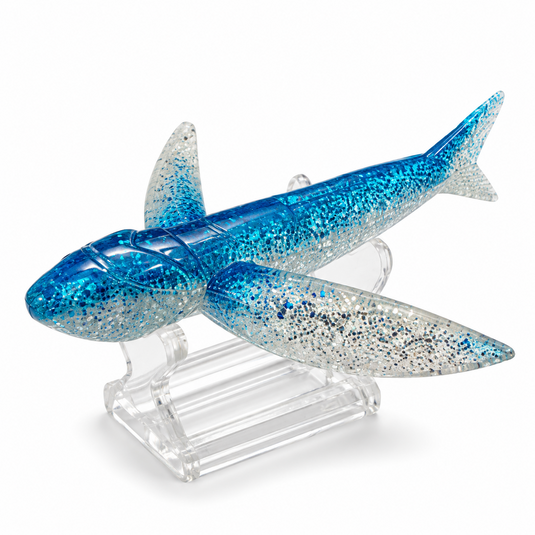 Blue and pearl holographic flying fish trolling lure top view