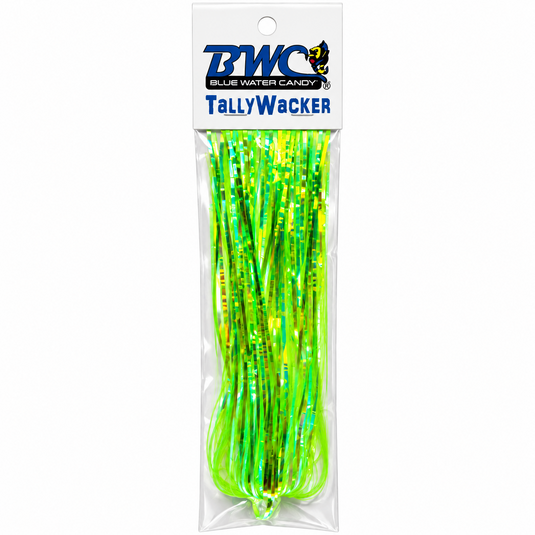 Blue Water Candy TallyWacker chartreuse holographic trolling lure skirt in retail package