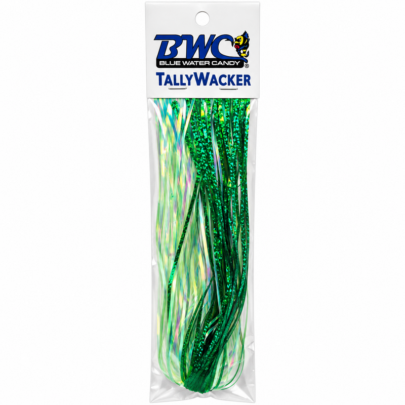 Load image into Gallery viewer, Blue Water Candy TallyWacker green and holographic trolling lure skirt in retail package
