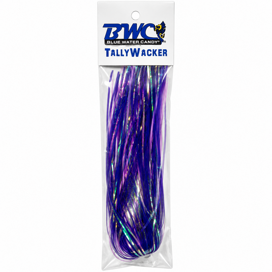 Blue Water Candy TallyWacker purple holographic trolling lure skirt in package
