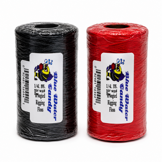 Blue Water Candy waxed rigging floss in black and red for offshore bait rigging