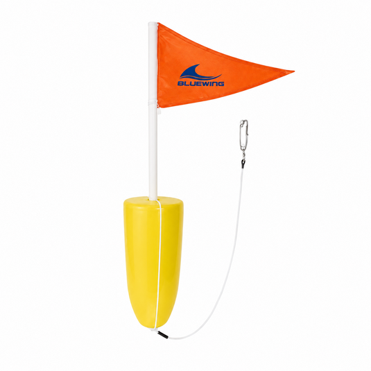 Bluewing swordfish buoy with yellow float, orange flag and snap clip