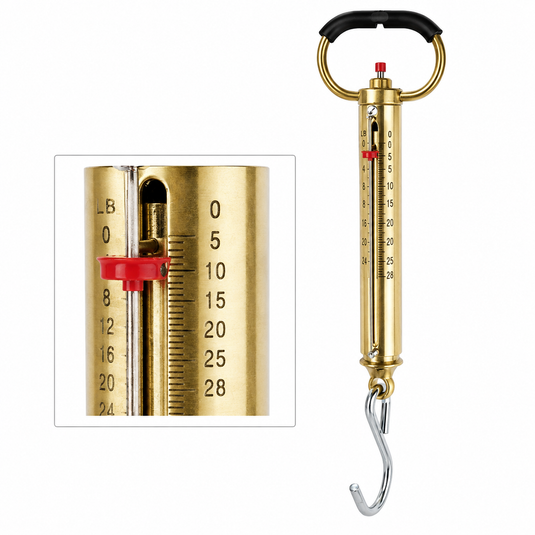 Chatillon 100lb brass fishing scale with tell-tale ring, dual lb/kg graduations, and open hook — IGFA certifiable for offshore tournament fishing