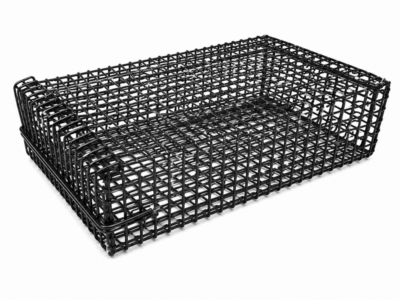 Load image into Gallery viewer, A black metal wire mesh basket with a slotted grid pattern, shown from an elevated angle on a white background.
