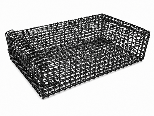 A black metal wire mesh basket with a slotted grid pattern, shown from an elevated angle on a white background.