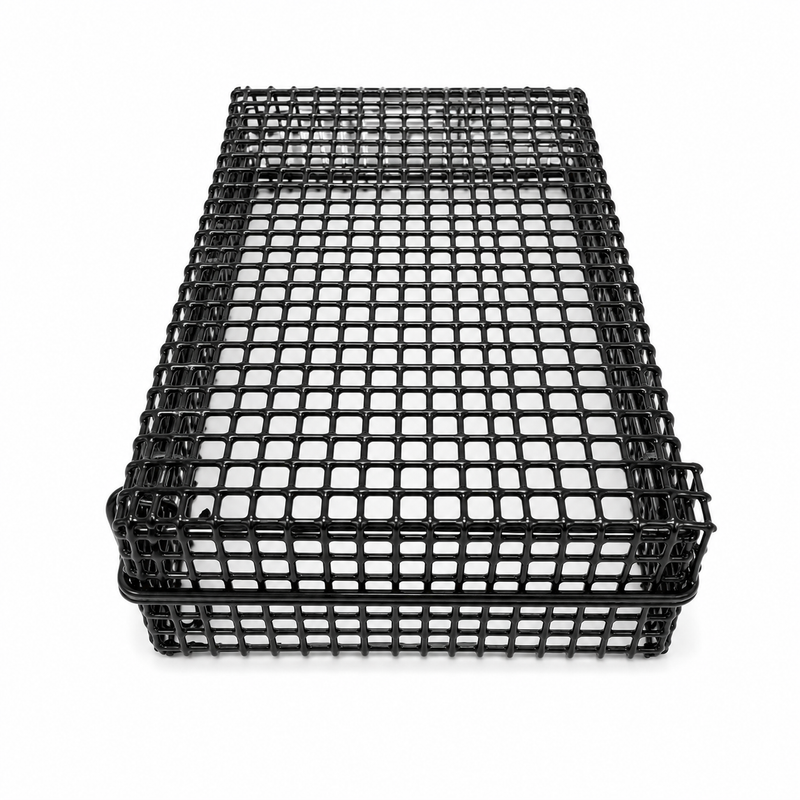 Load image into Gallery viewer, A rectangular black plastic mesh basket or storage crate with a grid pattern, shown from an elevated angle on a white background.
