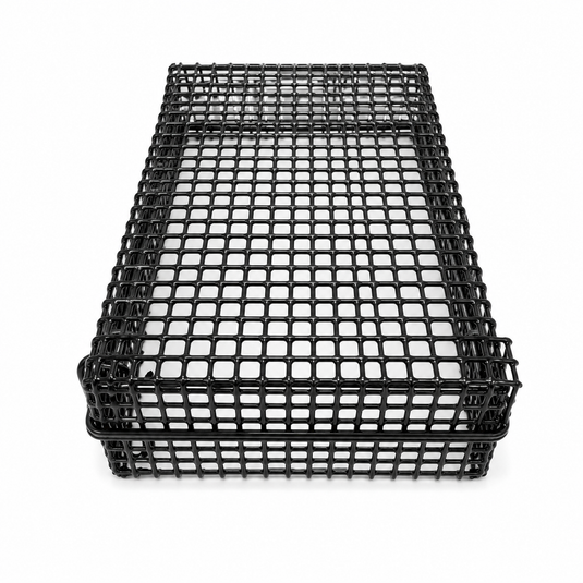 A rectangular black plastic mesh basket or storage crate with a grid pattern, shown from an elevated angle on a white background.