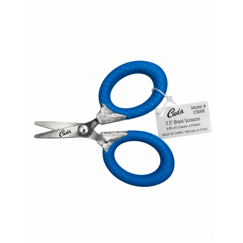 Load image into Gallery viewer, Cuda 3-inch Micro Braid Scissors model 23068 side view with blue non-slip handles

