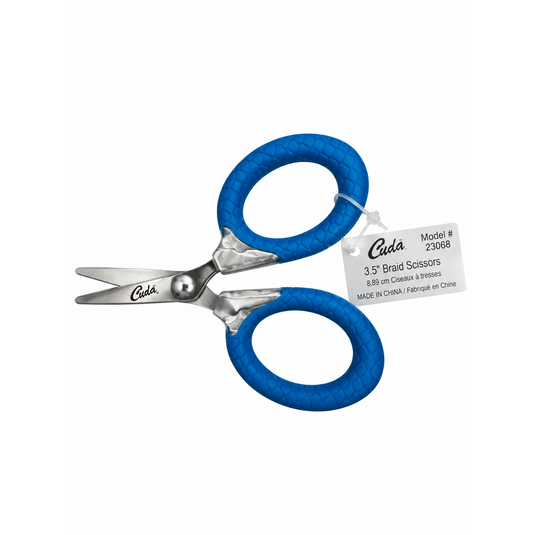 Cuda 3-inch Micro Braid Scissors model 23068 side view with blue non-slip handles