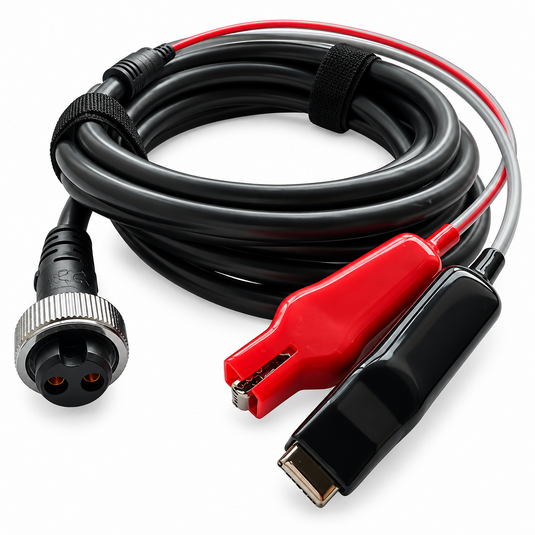 Daiwa MP3000 power cord for electric fishing reels with battery clips and two-pin connector