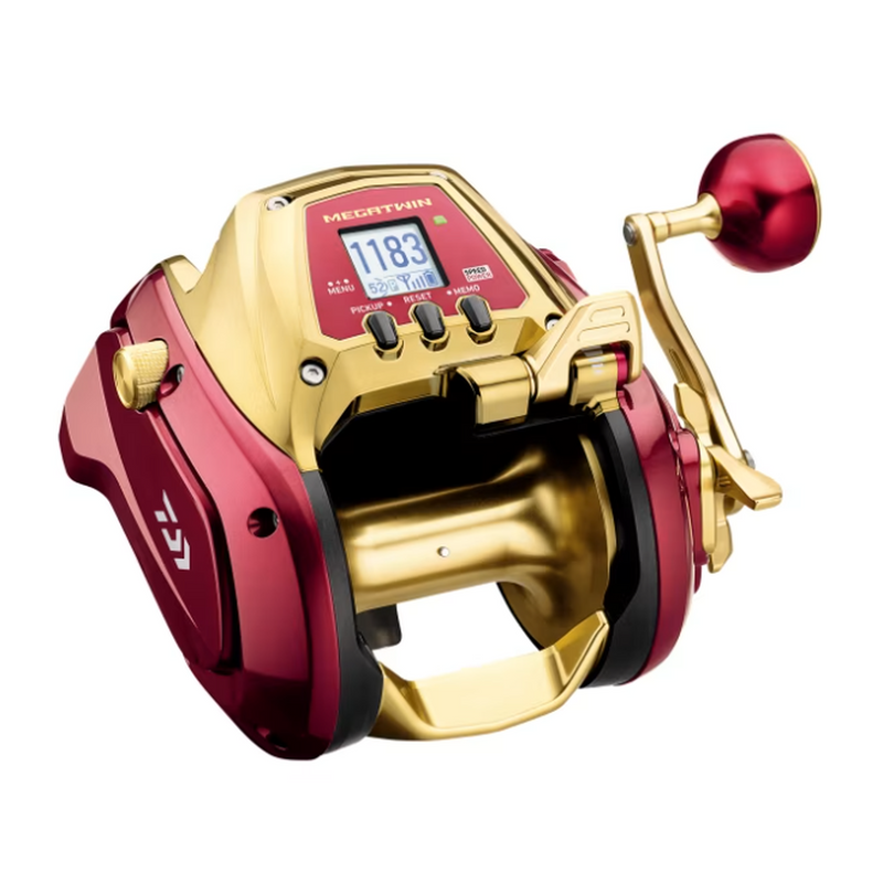 Load image into Gallery viewer, Daiwa Seaborg 1800M-RJ electric fishing reel front three-quarter view showing digital display, gold spool and red housing
