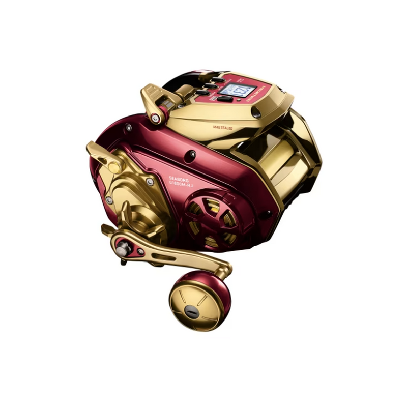 Load image into Gallery viewer, Daiwa Seaborg 1800M-RJ electric fishing reel rear three-quarter view showing gold handle, digital display and red housing
