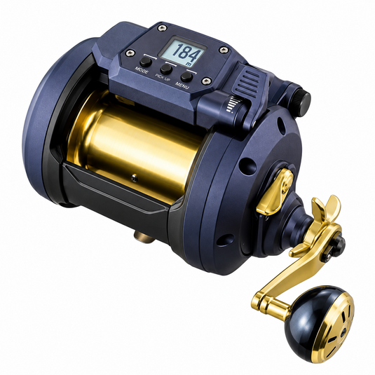 Daiwa Seapower 1200 electric reel angle view with gold spool and power handle