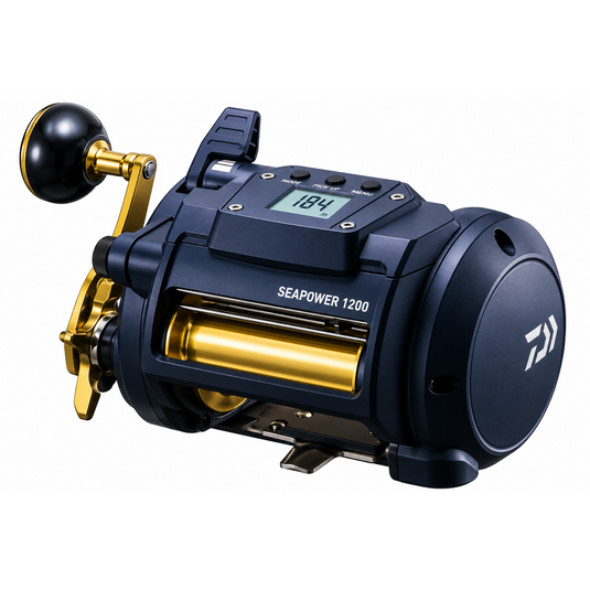 Front view of Daiwa Seapower 1200 electric reel for deep drop and offshore fishing