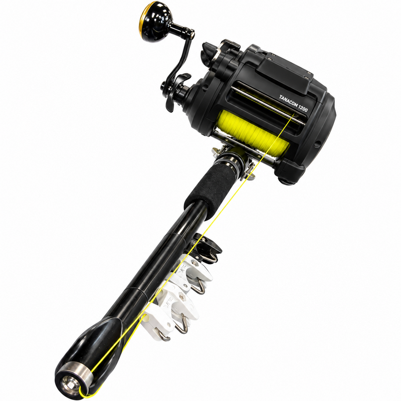 Load image into Gallery viewer, Daiwa Tanacom 1200 electric kite reel with yellow line on Stuart kite fishing rod
