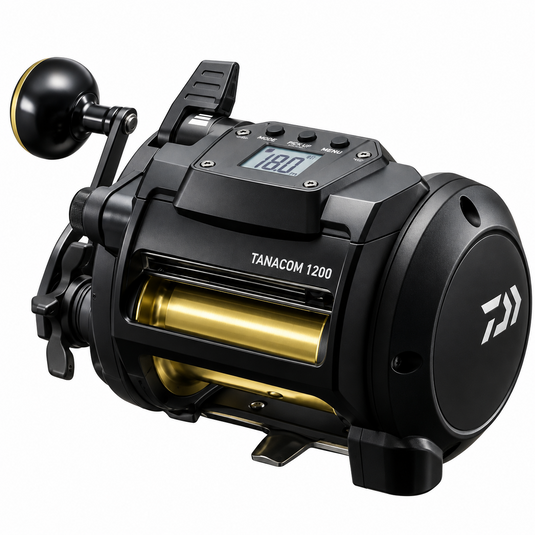 Front view of Daiwa Tanacom 1200 electric reel for deep drop and offshore fishing