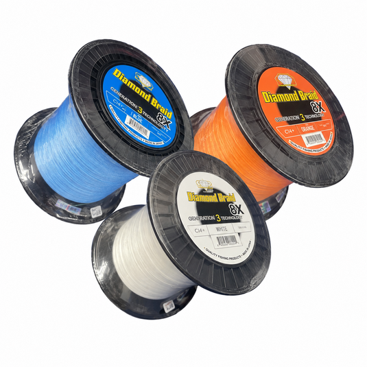Diamond Braid 8X 600 yard braided fishing line spools in blue, orange and white