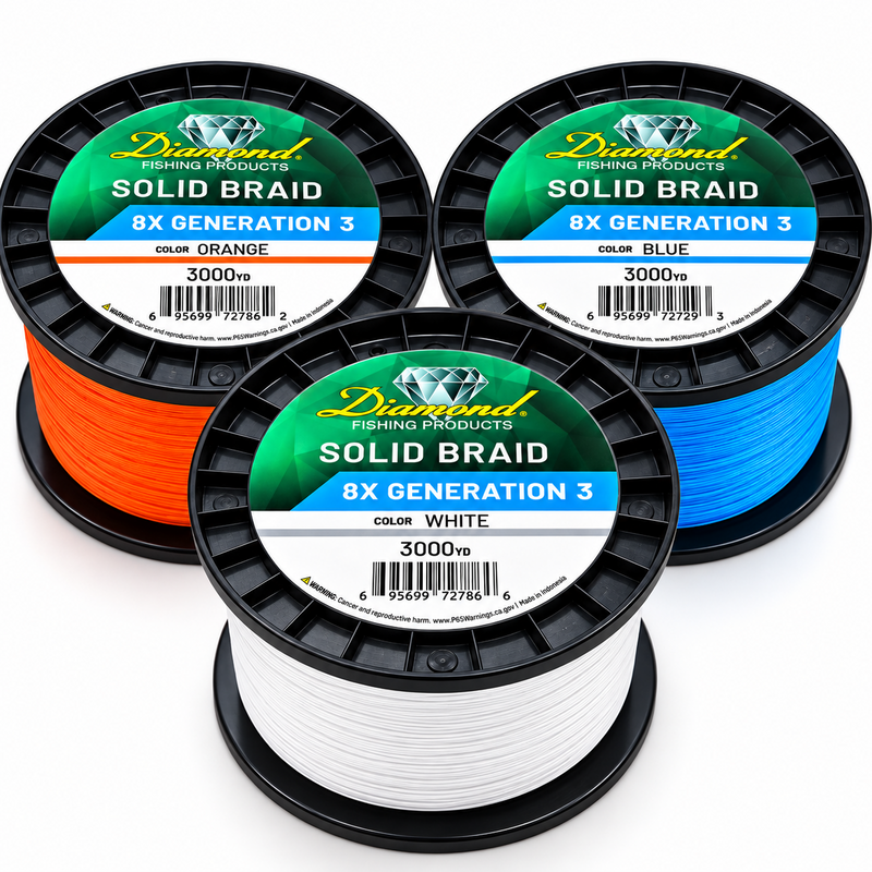 Load image into Gallery viewer, Diamond Braid 8X Generation 3 solid braid 3000 yard spools in orange, blue and white
