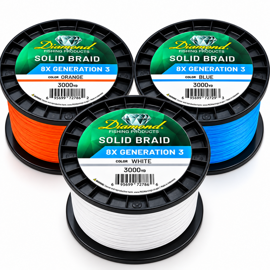 Diamond Braid 8X Generation 3 solid braid 3000 yard spools in orange, blue and white