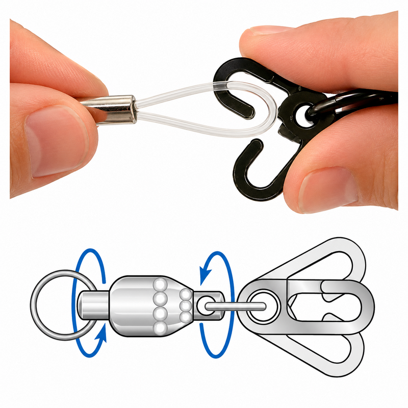 Load image into Gallery viewer, Diamond Escape-Proof snap and rotary ball bearing swivel showing quick leader attachment and double-action rotation
