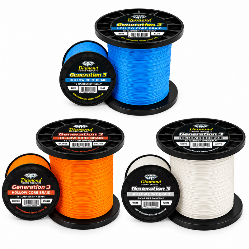 Load image into Gallery viewer, Diamond Generation 3 Hollow Core Braid 16-carrier Dyneema in blue, orange and white
