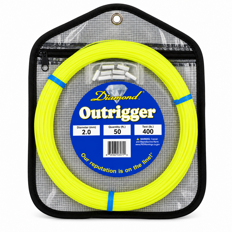 Load image into Gallery viewer, Diamond Outrigger Line Kit 400 lb yellow 50 ft outrigger line with crimps
