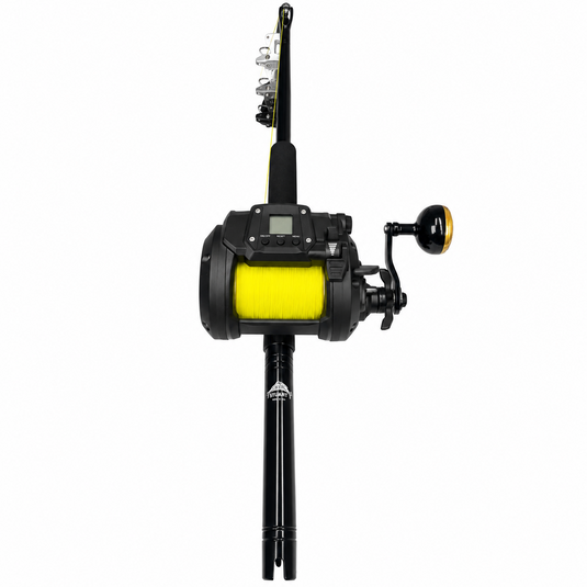 Daiwa Tanacom 1200 electric kite reel with yellow line on Stuart kite fishing rod