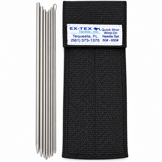EX-TEX Quick Shot Wind-On Needle Set with assorted metal rigging needles displayed beside the black protective storage sleeve