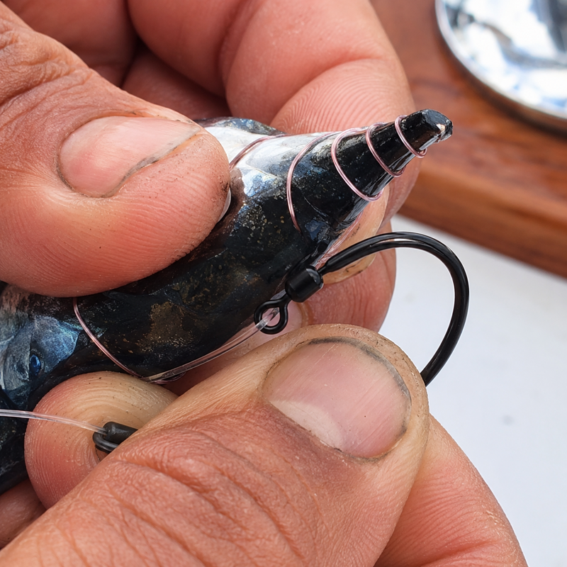 Load image into Gallery viewer, EZ-Bait Rigging Swivel rigged with a circle hook on baitfish for offshore fishing
