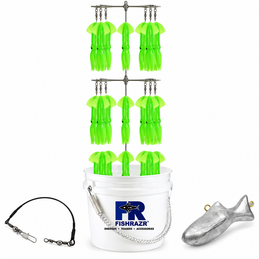 Fish Razr Bucket Dredge with green squid, dredge weight and rigging accessories