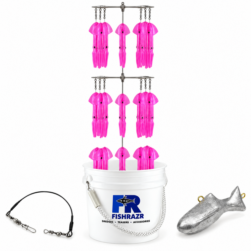 Load image into Gallery viewer, Fish Razr Bucket Dredge with pink squid, dredge weight and rigging accessories
