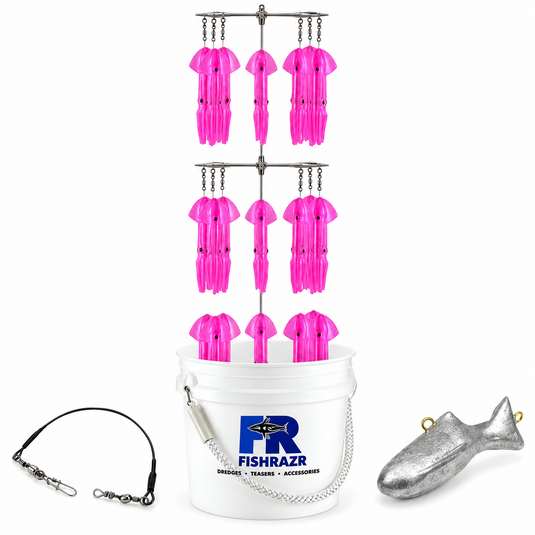 Fish Razr Bucket Dredge with pink squid, dredge weight and rigging accessories