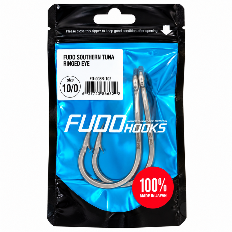 Load image into Gallery viewer, FUDO Southern Tuna Ringed Eye 10/0 offshore fishing hooks in original blue and black packaging, 2 hooks per pack, made in Japan.
