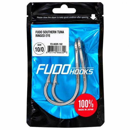 FUDO Southern Tuna Ringed Eye 10/0 offshore fishing hooks in original blue and black packaging, 2 hooks per pack, made in Japan.