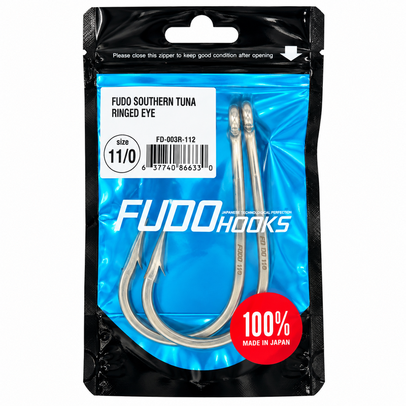 Load image into Gallery viewer, FUDO Southern Tuna Ringed Eye 11/0 offshore fishing hooks in original blue and black packaging, 2 hooks per pack, made in Japan.
