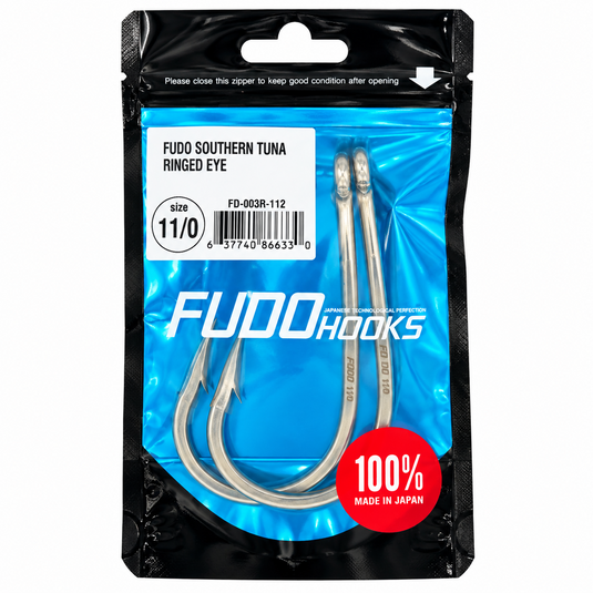 FUDO Southern Tuna Ringed Eye 11/0 offshore fishing hooks in original blue and black packaging, 2 hooks per pack, made in Japan.