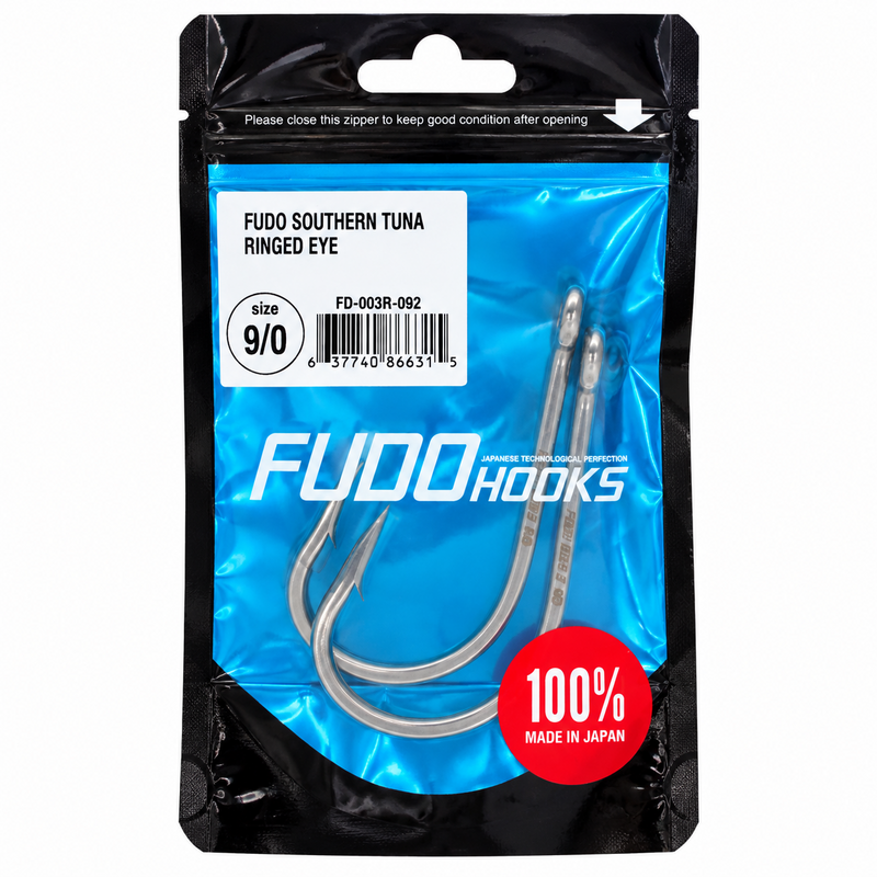 Load image into Gallery viewer, FUDO Southern Tuna Ringed Eye 9/0 offshore fishing hooks in original blue and black packaging, 2 hooks per pack, made in Japan.

