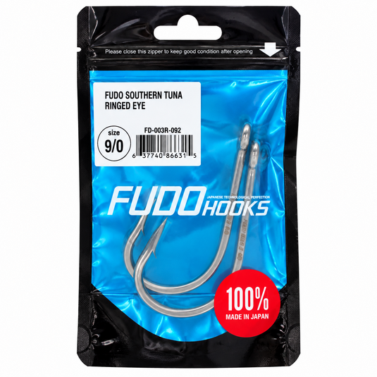 FUDO Southern Tuna Ringed Eye 9/0 offshore fishing hooks in original blue and black packaging, 2 hooks per pack, made in Japan.