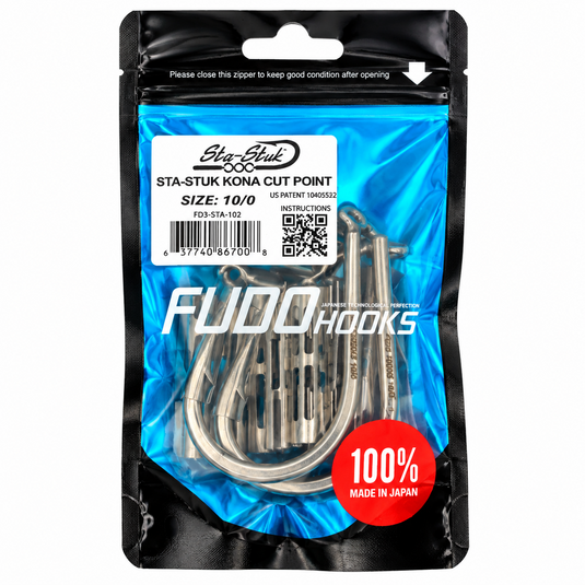 FUDO Sta-Stuk Kona Cut Point 10/0 offshore fishing hook kit in original blue and black packaging with hooks and components, made in Japan