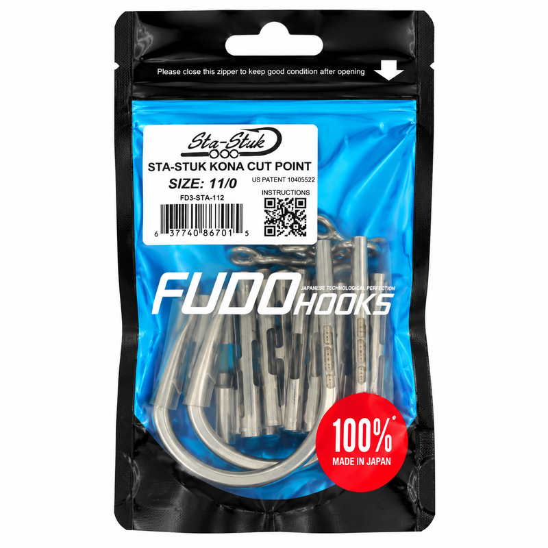 Load image into Gallery viewer, FUDO Sta-Stuk Kona Cut Point 11/0 offshore fishing hook kit in original blue and black packaging with hooks and components, made in Japan.
