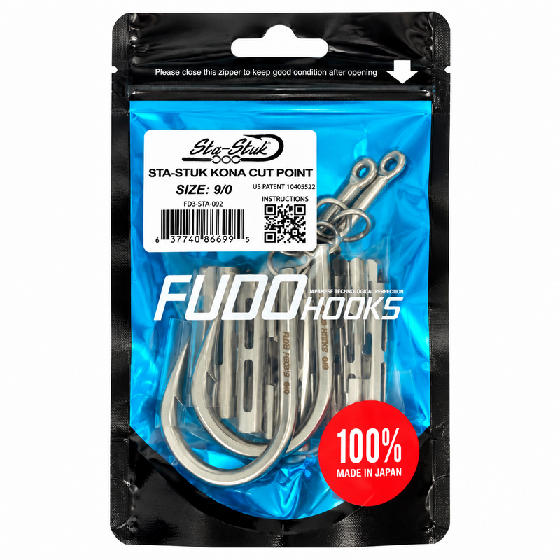 Load image into Gallery viewer, FUDO Sta-Stuk Kona Cut Point 9/0 offshore fishing hook kit in original blue and black packaging with hooks and components, made in Japan
