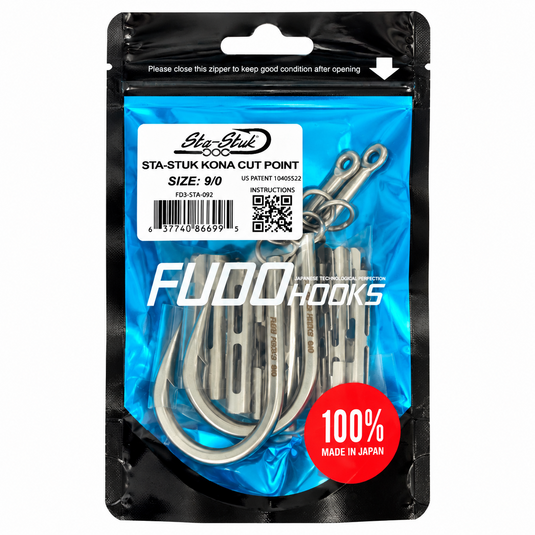 FUDO Sta-Stuk Kona Cut Point 9/0 offshore fishing hook kit in original blue and black packaging with hooks and components, made in Japan