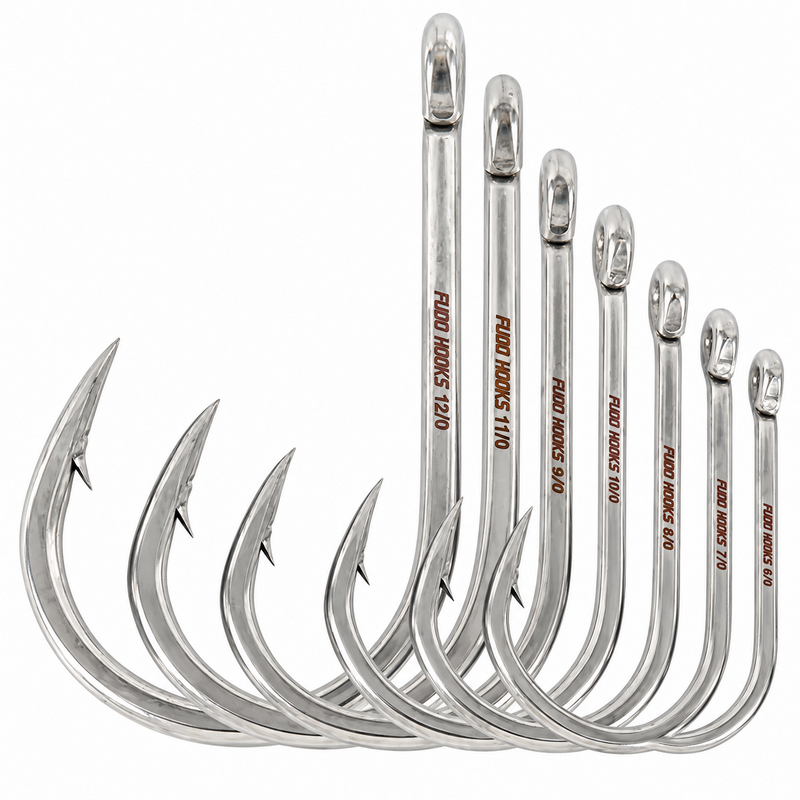Load image into Gallery viewer, FUDO Super Ocean Hays Aida Ringed Eye fishing hooks shown in multiple sizes, displaying the ringed eye, curved hook shape, and barbed points.
