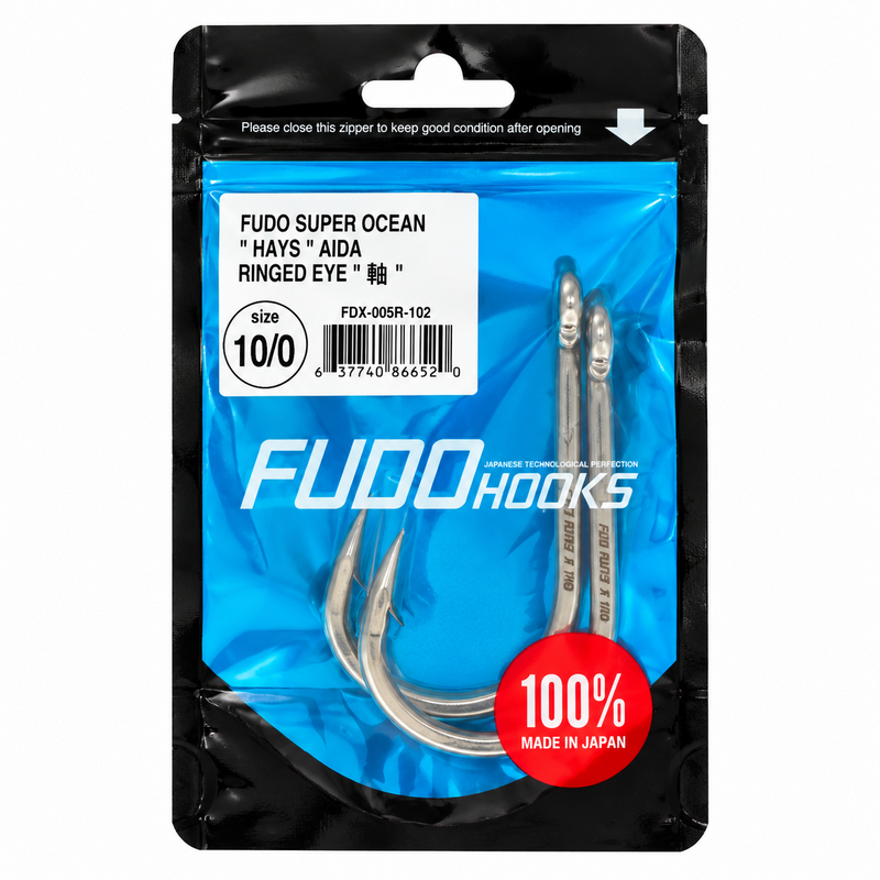 Load image into Gallery viewer, FUDO Super Ocean Hays Aida Ringed Eye 10/0 offshore fishing hooks in original Japanese packaging, 2 hooks per pack
