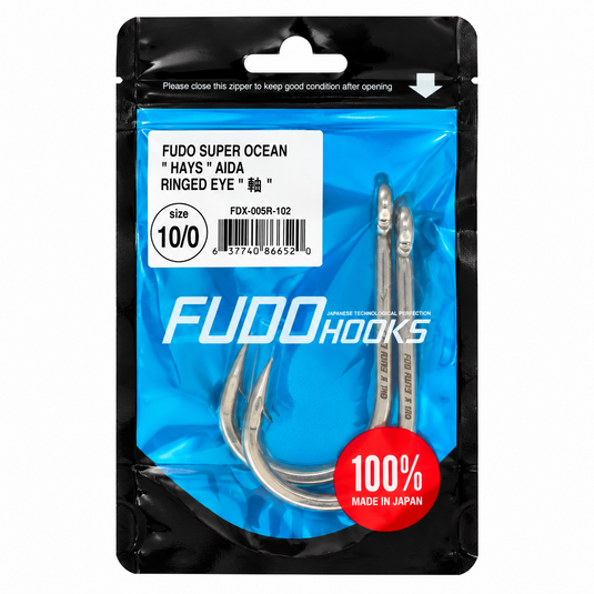 FUDO Super Ocean Hays Aida Ringed Eye 10/0 offshore fishing hooks in original Japanese packaging, 2 hooks per pack