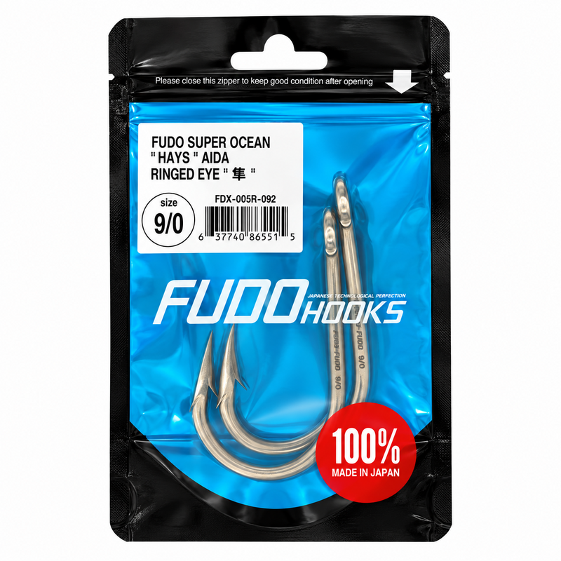 Load image into Gallery viewer, FUDO Super Ocean Hays Aida Ringed Eye 9/0 offshore fishing hooks in original Japanese packaging, 2 hooks per pack
