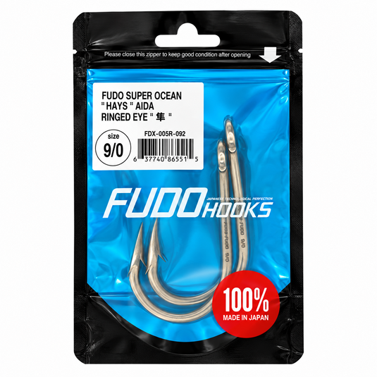 FUDO Super Ocean Hays Aida Ringed Eye 9/0 offshore fishing hooks in original Japanese packaging, 2 hooks per pack